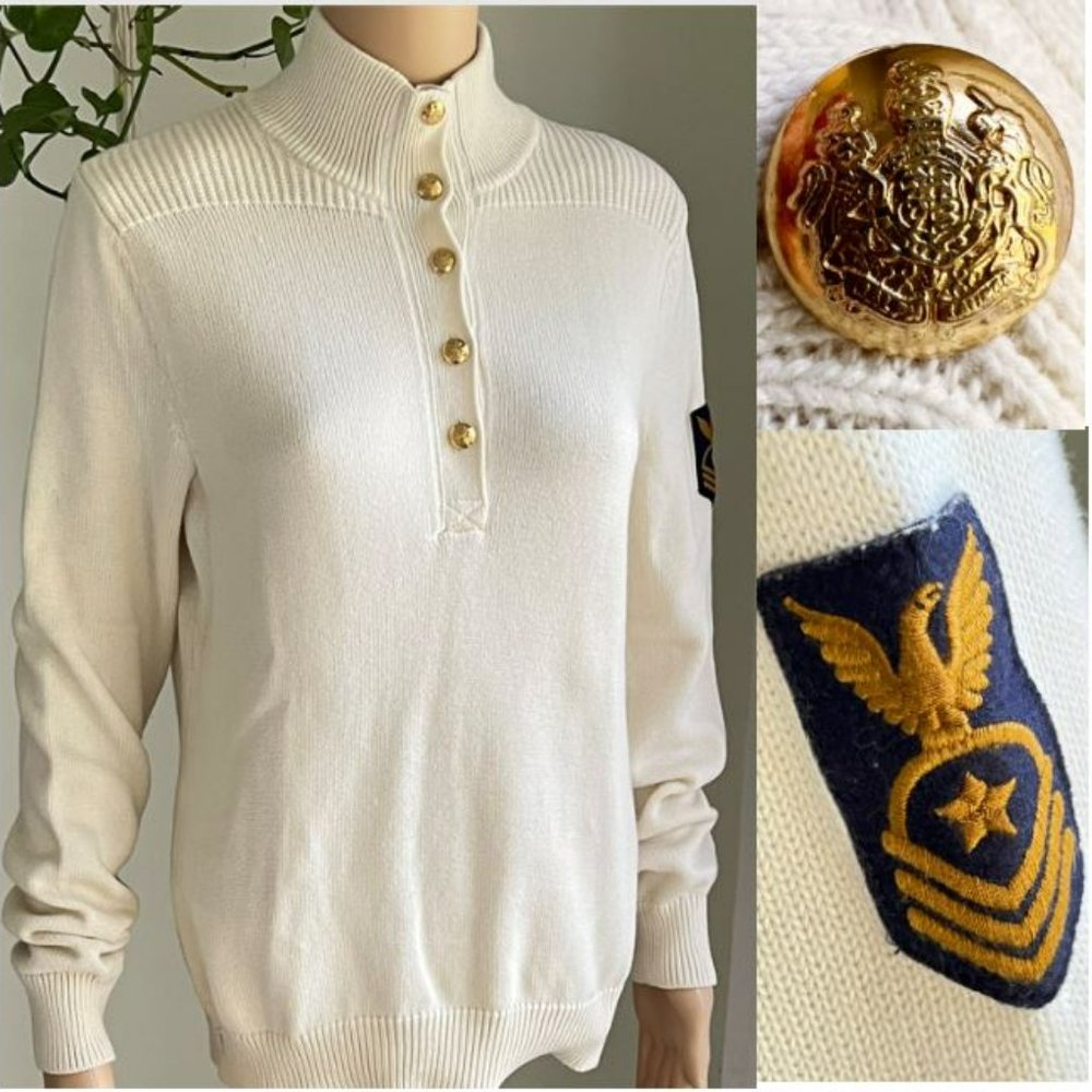 Ralph Lauren Lauren Jeans Co Cream & Navy Military Patch Pullover Sweater Large - Picture 1 of 11